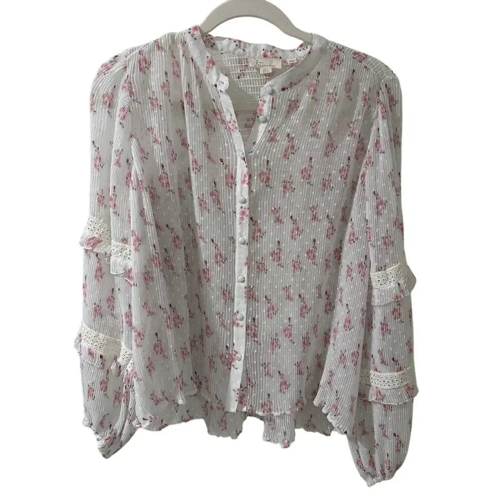 Let Me Be Floral Blouse Size US 4 Pink White Crinkle Chiffon Ruffle Lace Sleeve